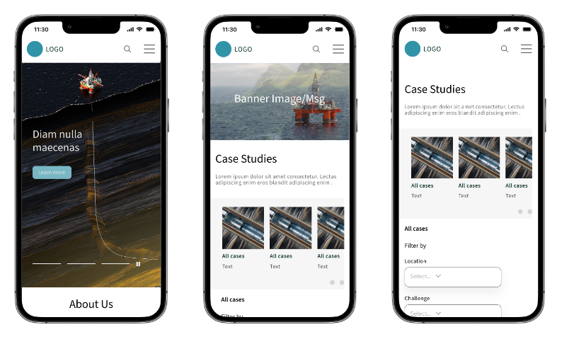 iPhone frames presenting the redesign of Interwell's case study landing page