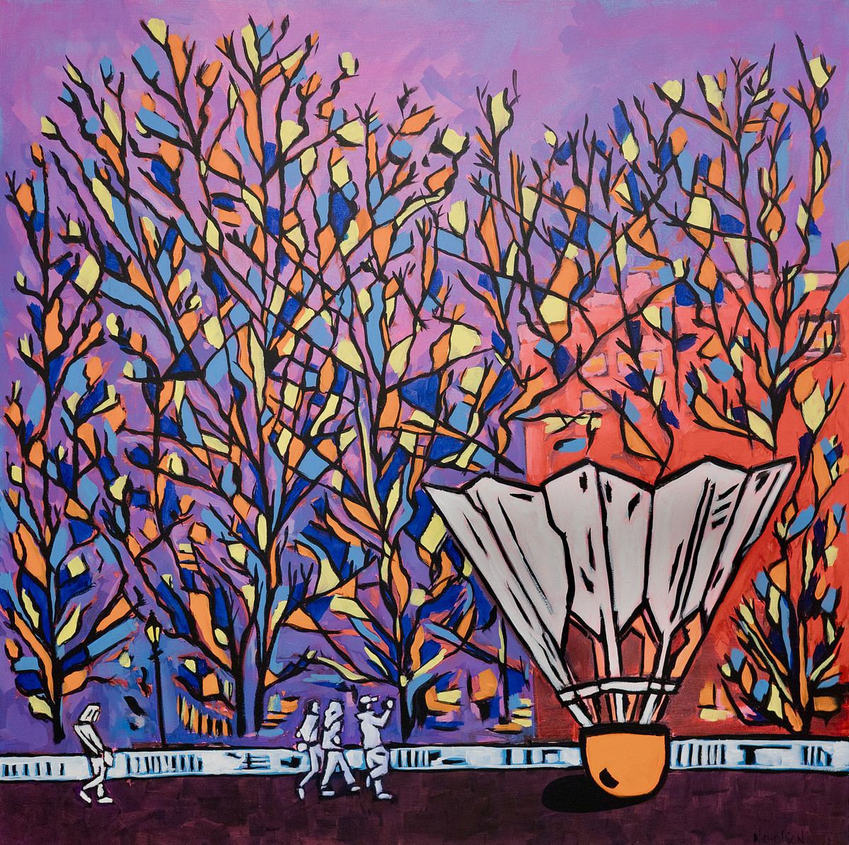 Acrylic painting of an oversized shuttlecock set against a bright turquoise sky and green field, with small gray figures walking in the foreground near a white wall.